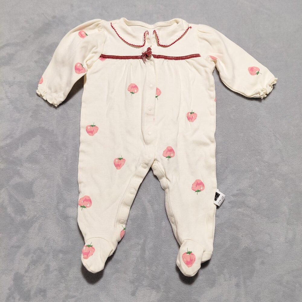 100% Cotton 6-9M Vintage Style Full Snap Strawberry Print Footie w/ Velvet Trim